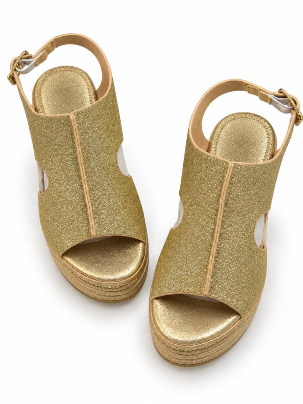 Gold Glitter Platform Wedge Sandals New | 27
